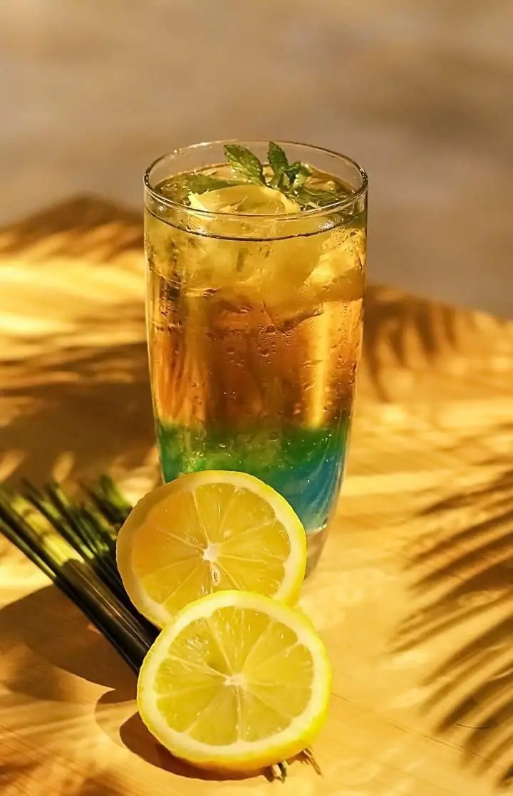 نوشیدنی خنک و گوارای لایه‌ای کافه رستوران رپتور، با لیمو، نعناع و یخ فراوان، ایده‌آل برای روزهای گرم و دلنشین.