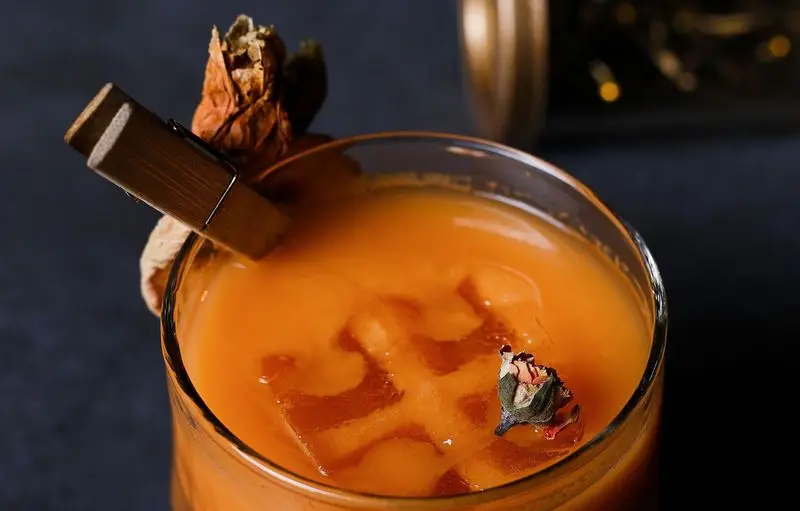 نوشیدنی نارنجی و گوارای کافه رستوران رپتور، مزین به یخ های خلاقانه، غنچه گل رز خشک و گیره چوبی خاص برای تزیین.