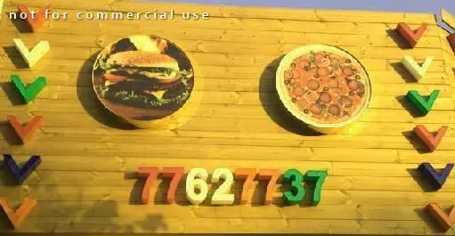 نمای نزدیک از تابلوی چوبی رستوران چوپی برگر با تصاویر همبرگر و پیتزا، شماره تماس ۷۷۶۲۷۷۳۷ و علائم تزیینی رنگی