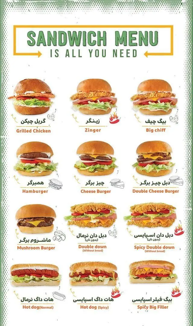 منوی کامل ساندویچ و برگر فست فود نامبرتن: گریل چیکن، زینگر، انواع همبرگر، هات داگ، دبل داون و بیگ فیلر.
