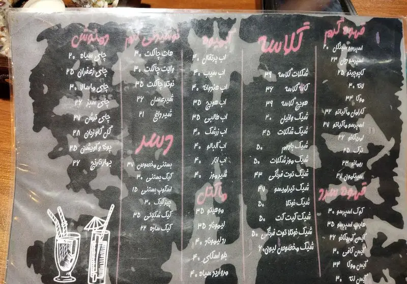 منوی کافه لیون شامل انواع قهوه گرم و سرد، دسر، گلاسه، آبمیوه، ماکتل، چای، کیک و دیگر نوشیدنی‌ها با قیمت.