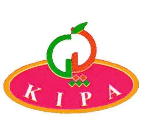 لوگوی باقلوا علی کیپا، شامل نماد میوه سبز و نارنجی، حروف KIPA روی یک بیضی صورتی با حاشیه نارنجی. معرفی برند شیرینی و دسر سنتی.