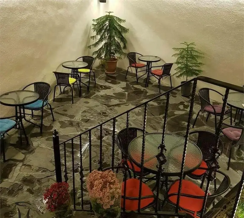 فضای باز و دنج کافی شاپ سبو با میز و صندلی‌های متنوع و راحت، گلدان‌های سبز و کفپوش سنگی، مکانی عالی برای دورهمی و آرامش.