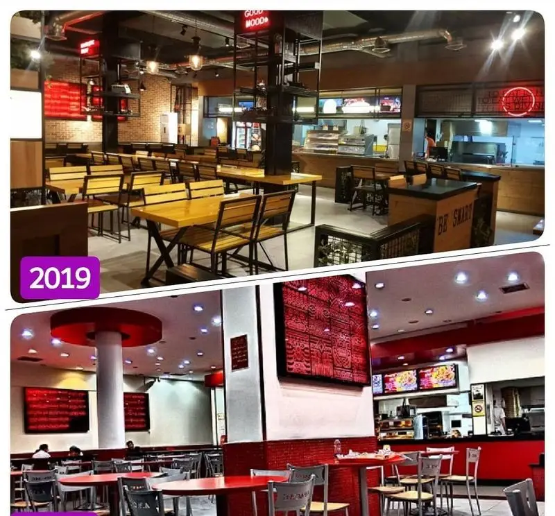 مقایسه دکوراسیون داخلی رستوران آواچی: فضای مدرن 2019 با میز چوبی و طراحی جدید با تم قرمز. تجربه غذاخوری دلپذیر.