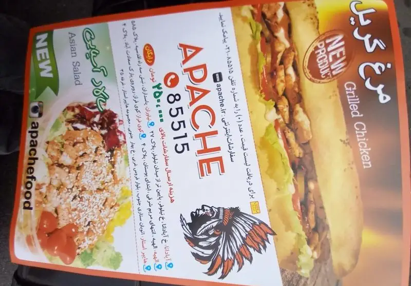 تصویر تبلیغاتی رستوران آپاچی شامل ساندویچ مرغ گریل آبدار و سالاد آسیایی تازه. برای سفارش فست فود سالم و خوشمزه، به وبسایت apache.ir مراجعه کنید.