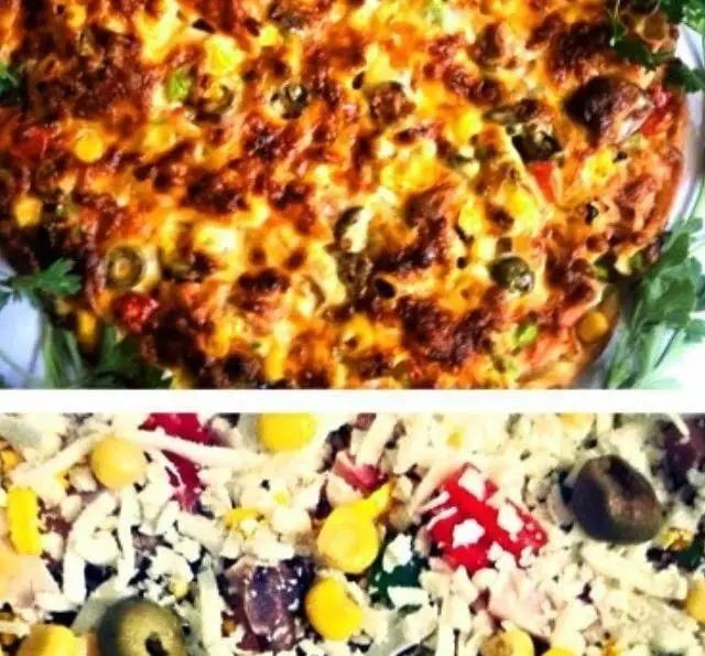 تصویری از پیتزای طلایی و خوش طعم فست فود آفر و مواد اولیه تازه شامل پنیر، ذرت، زیتون و فلفل دلمه برای یک غذای آماده لذیذ.