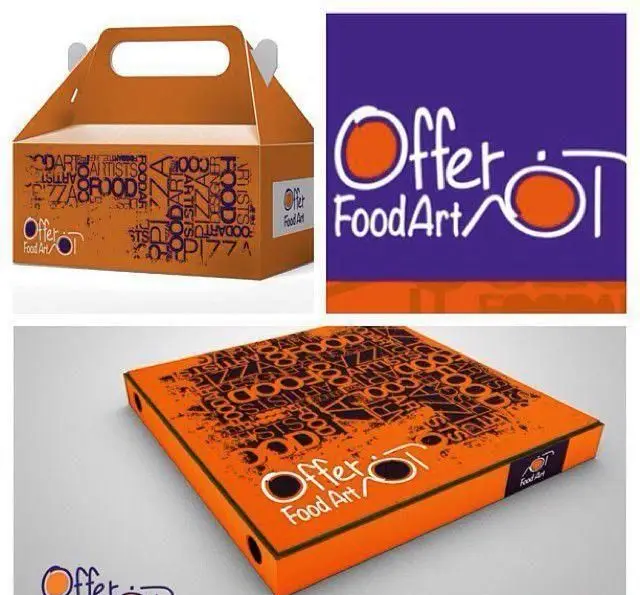 طراحی بسته بندی و لوگو فست فود Offer Food Art شامل جعبه پیتزا و بیرون‌بر با طرح هنری و رنگ‌های نارنجی و بنفش.