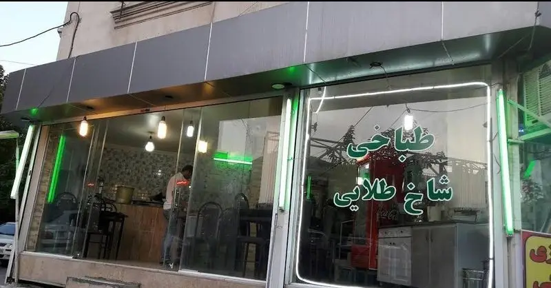 عکس نمای خارجی طباخی شاخ طلایی با ویترین شیشه ای و نورپردازی نئونی سبز رنگ که نام کسب و کار را نشان می دهد.