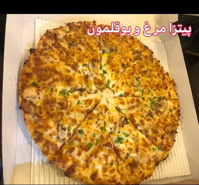 پیتزا مرغ و بوقلمون تازه و داغ از فست فود هیزم، با پنیر فراوان، مرغ، بوقلمون و قارچ، آماده برای سفارش شما.