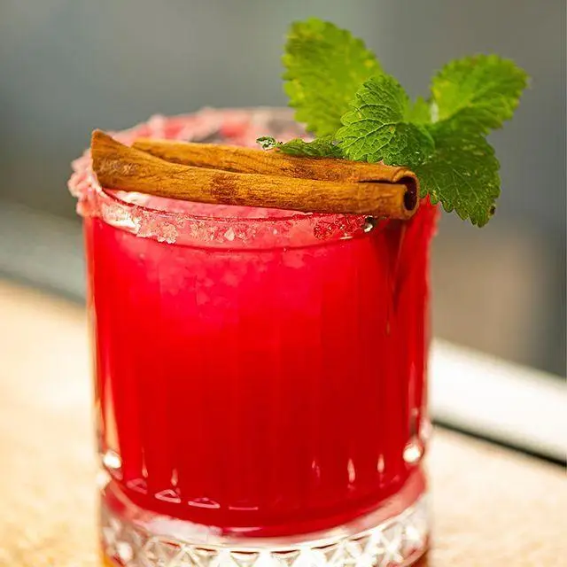 کوکتل قرمز روشن با دارچین و نعنای تازه، نوشیدنی خاص و دلچسب در منوی متنوع کافه رستوران لول ۴.