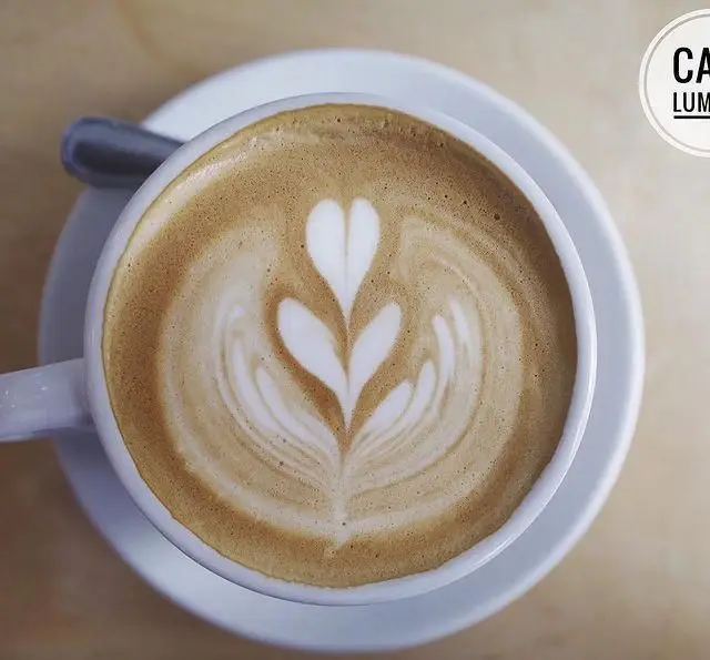 فنجانی زیبا از قهوه لاته با لاته آرت حرفه‌ای و هنرمندانه به سبک روزتا، نمادی از کیفیت و جذابیت در کافه رستوران لومیر.