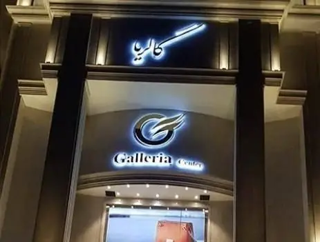 تصویری از نمای شبانه ورودی مجلل مرکز خرید گالریا، میزبان شعبه برگر فریکادل. تابلوی نورانی Galleria با نوشته‌های فارسی و انگلیسی روشن.