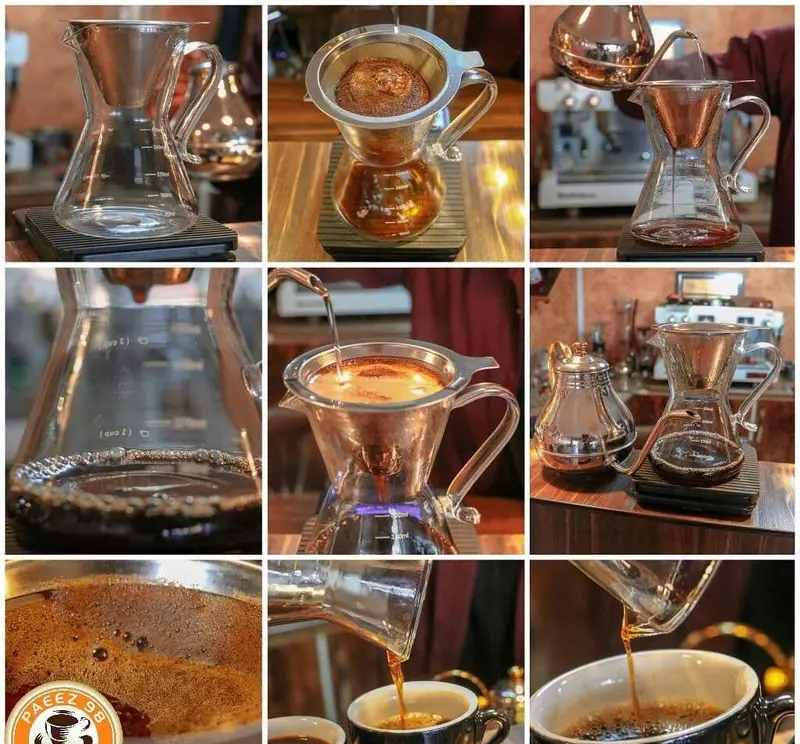 دم آوری تخصصی قهوه دمی پور اور در کافی شاپ پاییز ۹۸. مراحل کامل تهیه قهوه تازه و خوش عطر از ریختن آب تا سرو در فنجان.