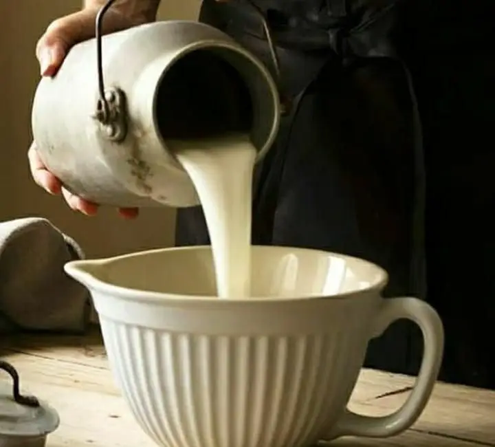 ریختن شیر خالص و تازه از دبه قدیمی به کاسه، نشانگر مرغوبیت و روش سنتی محصولات لبنیات سنتی برادران.