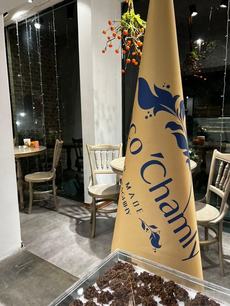 فضای داخلی دنج و دلنشین کافه چوکوچاملی با انواع دسر و شیرینی شکلاتی، میز و صندلی چوبی و نورپردازی گرم برای مشتریان.