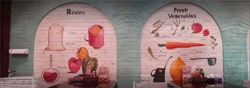 نقاشی دیواری جذاب رستوران نیمکت با طرح مواد اولیه آشپزی و سبزیجات تازه. دکوراسیون داخلی آشپزخانه با الهام از دستور پخت غذا.