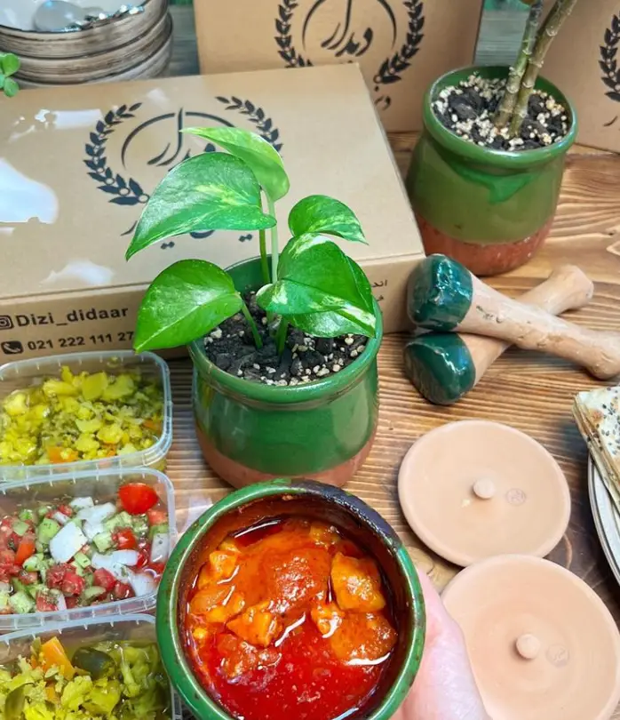 سینی کامل دیزی گوشت گوسفندی دیدار، همراه با انواع سالاد و ترشیجات، برای تجربه غذای اصیل ایرانی از رستوران دیزی دیدار.