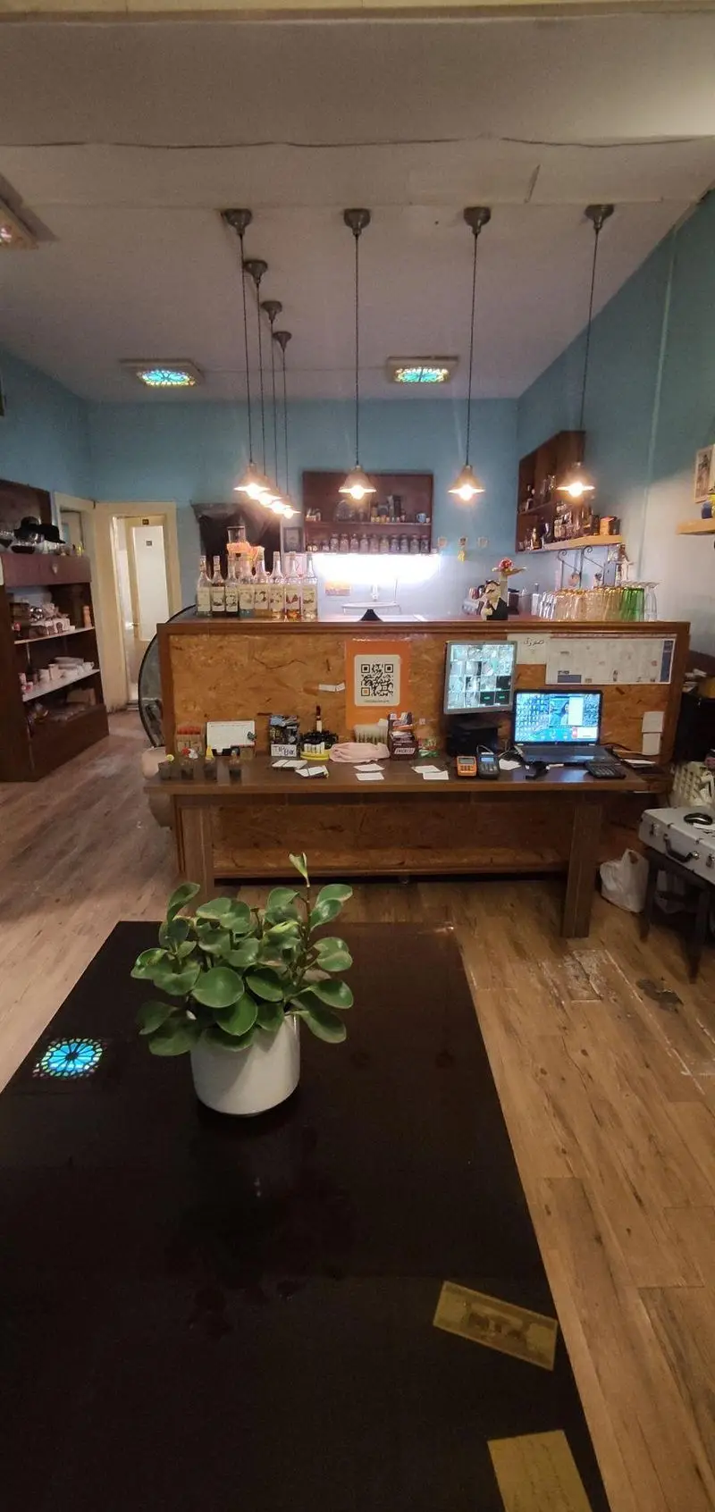 فضای داخلی کافه حوض کاشی با دکوراسیون چوبی، میز پذیرش مجهز به سیستم و نورپردازی گرم، و گیاه سبز روی میز مرکزی.