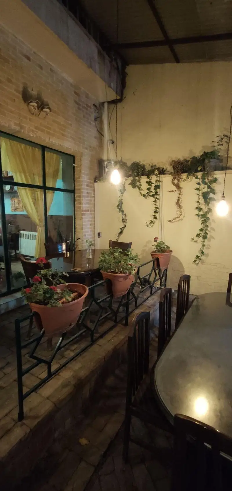 فضای داخلی و خارجی کافه حوض کاشی در شب با دیوار آجری، گیاهان سبز آویزان، میز و صندلی چوبی و نورپردازی گرم، محیطی دنج و دلنشین.