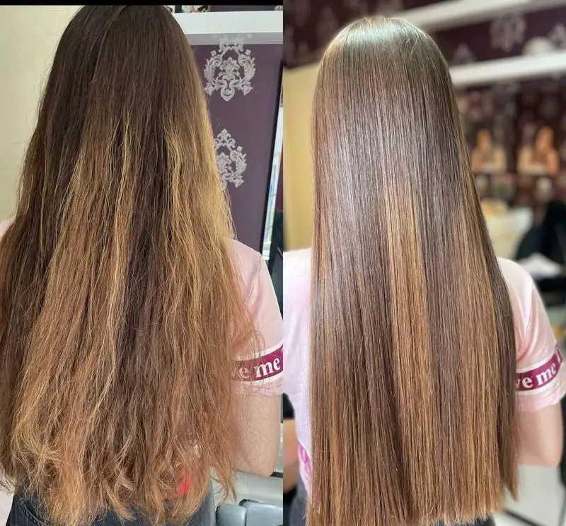 کراتین احیا و صافی مو در سالن تخصصی زیبایی و مرکز کراتین طرفه. از موهای آسیب دیده تا موهای ابریشمی و براق. نمونه کار قبل و بعد.