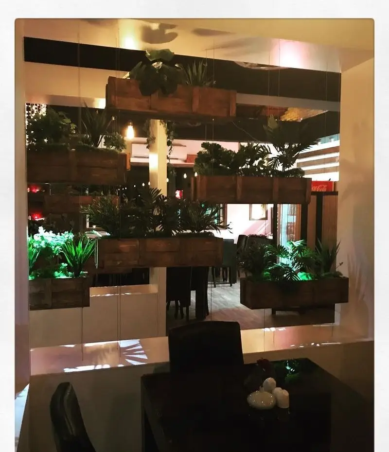 فضای داخلی رستوران و تهیه غذای لک لک با گلدان‌های آویز چوبی پر از گیاهان سبز، محیطی طبیعی و آرامش‌بخش را به نمایش می‌گذارد.