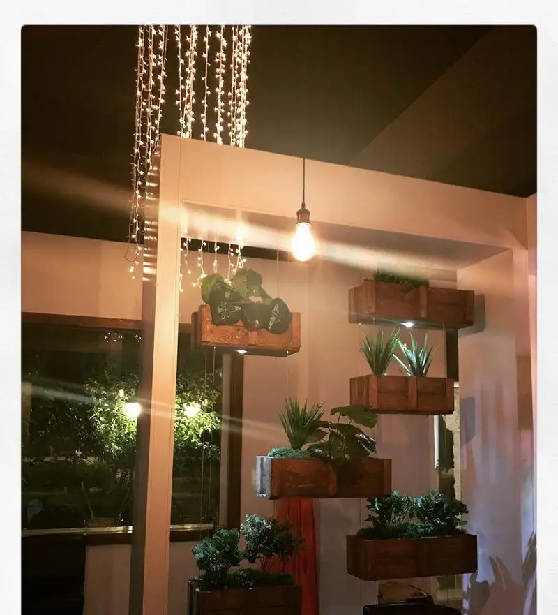 محیط دلنشین و سبز رستوران لک لک، با دکوراسیون داخلی خاص، گلدان‌های چوبی معلق و نورپردازی گرم ریسه‌های نوری و لامپ‌های آویز.