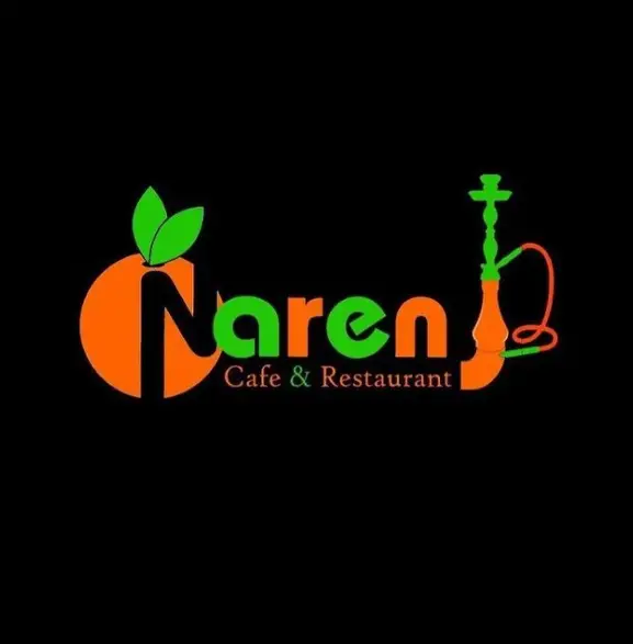 هویت بصری و لوگوی کافه و رستوران سنتی نارنج با نماد میوه نارنج، برگ‌های سبز و طرح قلیان به رنگ‌های اصلی نارنجی و سبز.