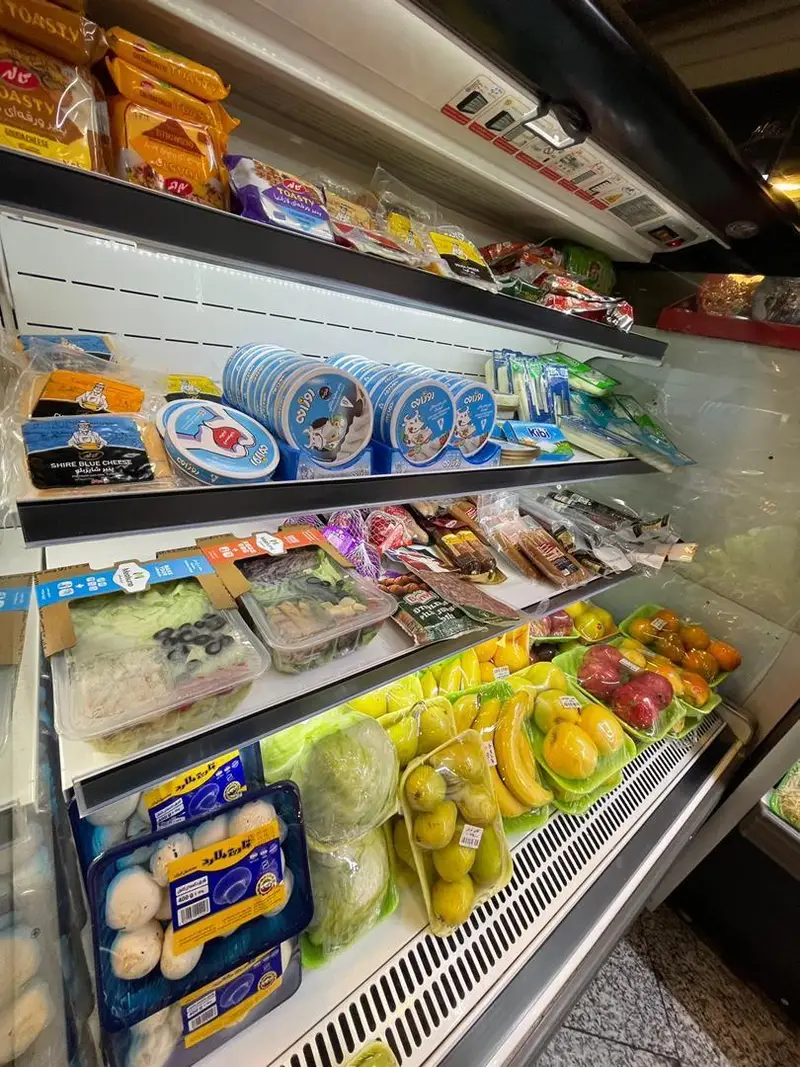 ویترین یخچال سوپر پروتئین ملل پر از محصولات تازه، لبنیات، پنیر، سالادهای آماده، فرآورده‌های گوشتی و میوه و سبزیجات بسته بندی شده.
