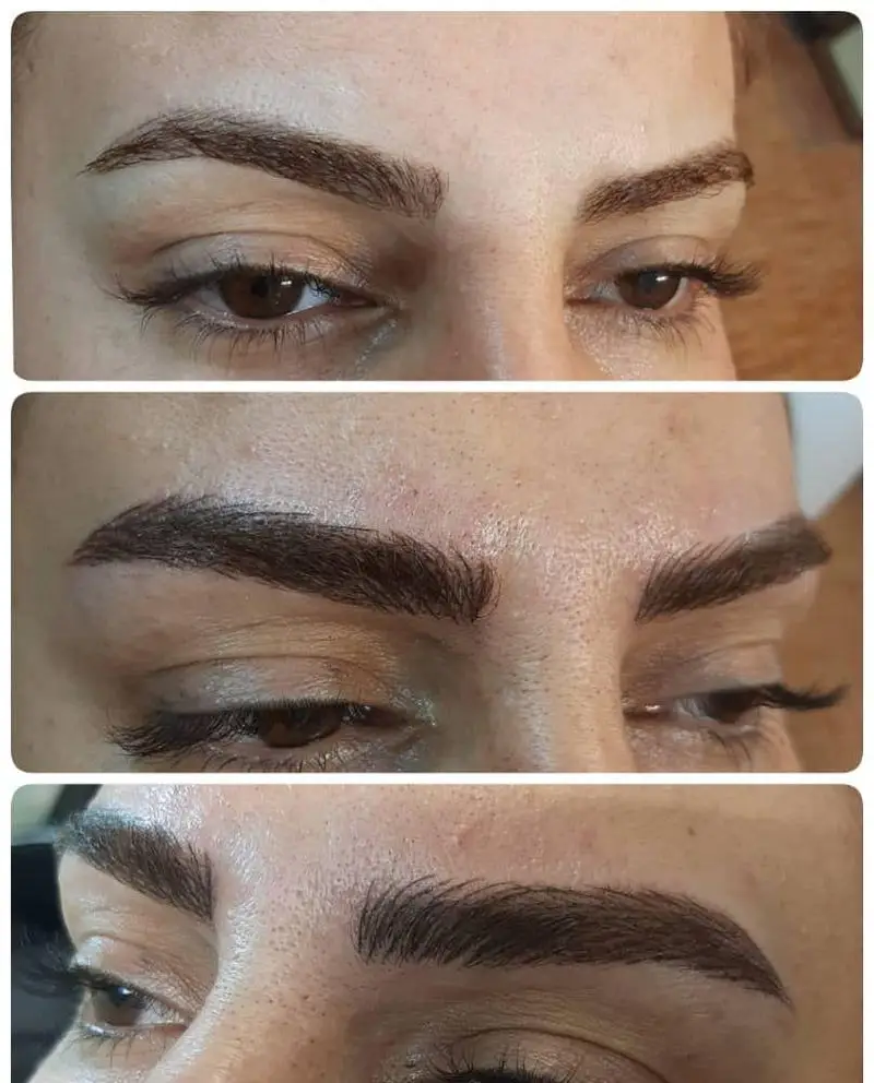 سه قاب از مراحل مختلف طراحی، میکروبلیدینگ و فیبروز ابروهای زنانه با ظاهری کاملاً طبیعی در مرکز زیبایی مریم موسوی