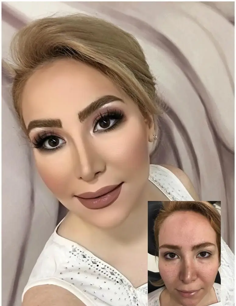 تصویر قبل و بعد میکاپ و آرایش صورت زنانه با رژلب نود و سایه چشم تیره در مرکز زیبایی مریم موسوی، خدمات گریم و میکاپ عروس