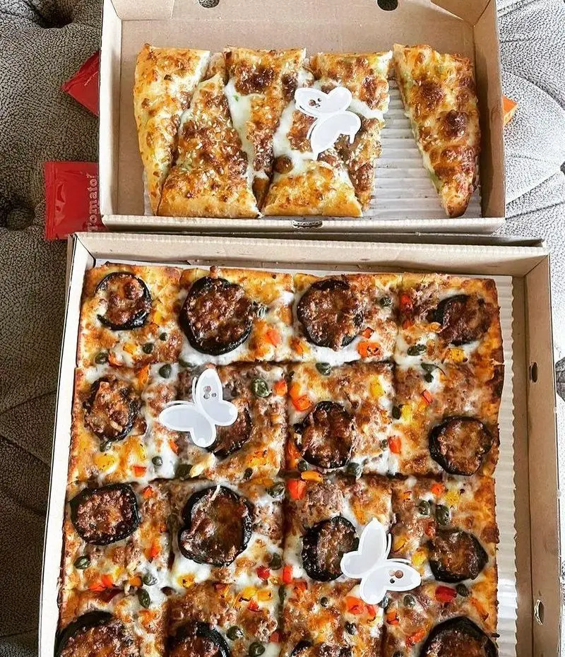 سینی پیتزاهای پرپروک: پیتزا گوشت و بادمجان، مربعی شکل با تزیین پروانه، بهترین انتخاب برای دورهمی و مهمانی‌های شما.