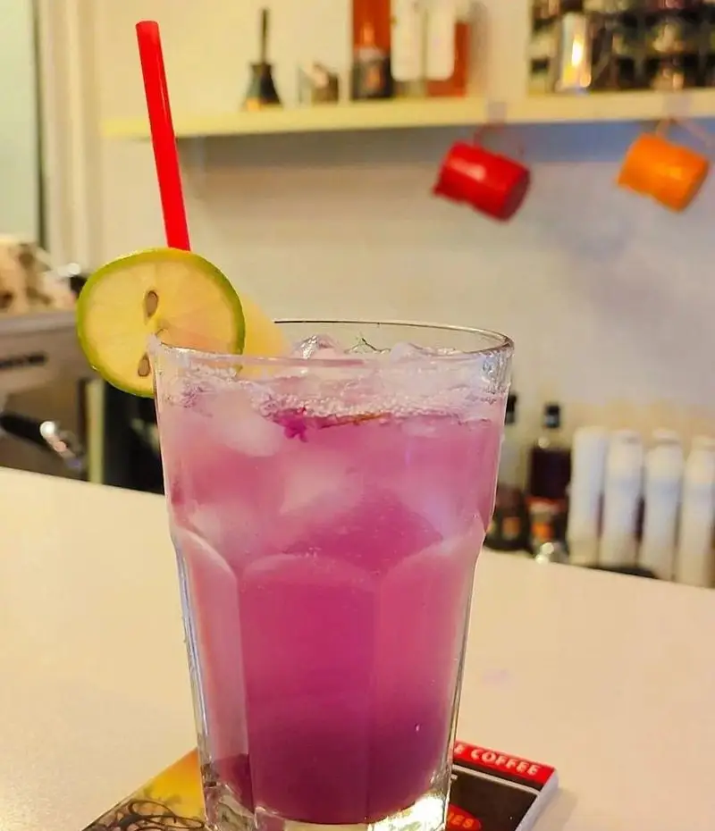 یک نوشیدنی صورتی/بنفش تازه و خنک با یخ، نی قرمز و اسلایس لیمو در محیط دلنشین کافه سامیا. لذت یک روز عالی.