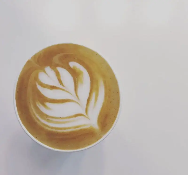 تصویری از لاته آرت زیبای برگ در فنجان قهوه داغ کافه سامیا. لذت نوشیدن قهوه‌های اسپشیالتی و تجربه یک فضای دلنشین در تهران.