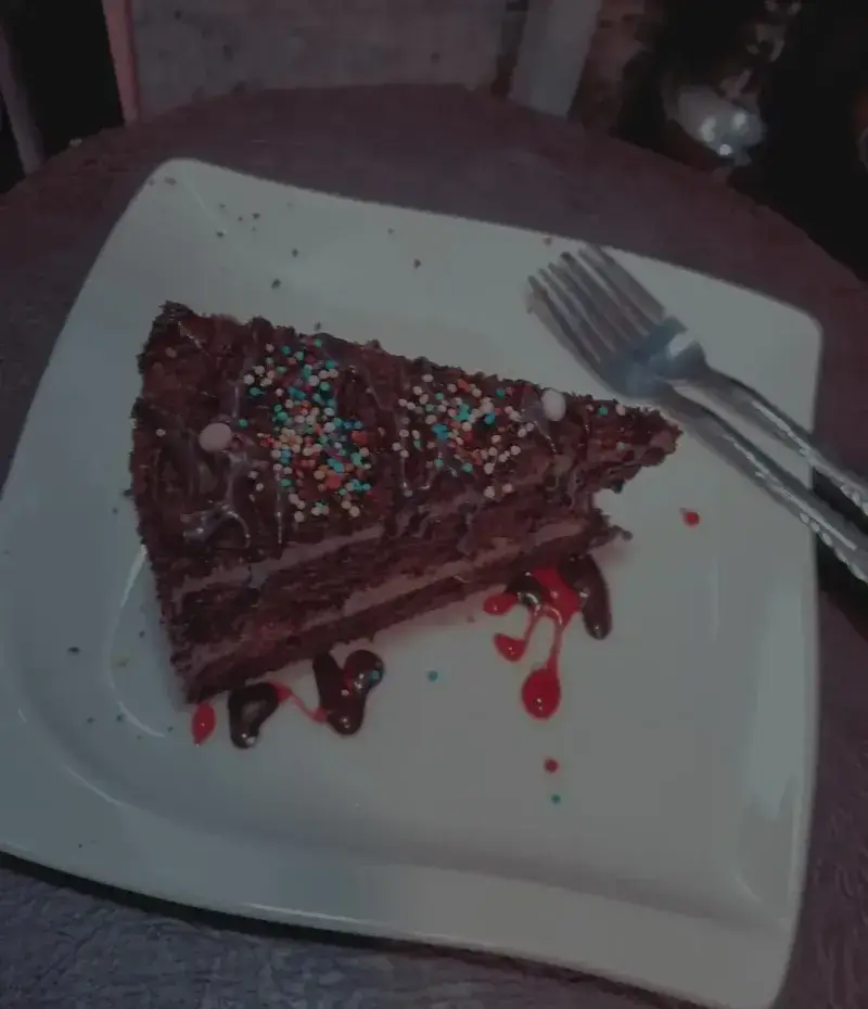 اسلایس کیک شکلاتی لذیذ و دلپذیر با تزیینات رنگارنگ، سرو شده در فضای دنج و دلنشین کافه شاپرک.