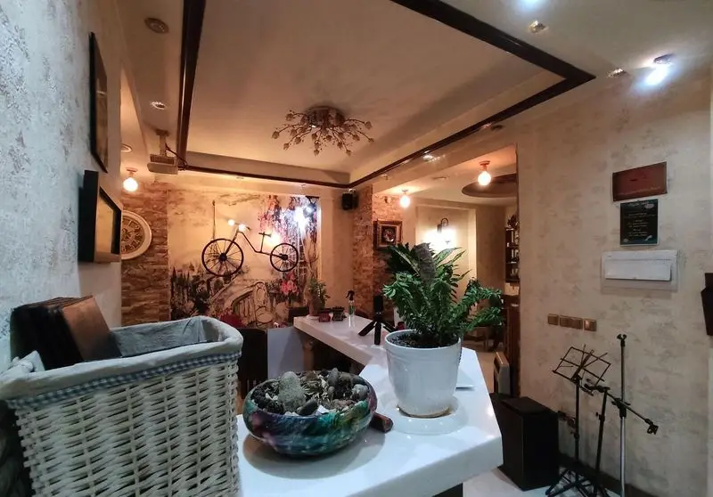 تصویری از فضای داخلی کافه شاپرک، دکوراسیون دلنشین و هنری با نورپردازی گرم، گیاهان زیبا و دیوارکوب دوچرخه. محیطی دنج.