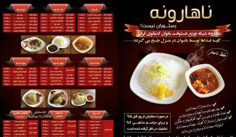 منوی روزانه ناهارونه: انواع غذای خانگی و اصیل ایرانی، چلو کباب، خورش و پلو با دستپخت بانوان، سفارش آنلاین و تخفیف