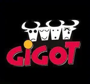 لوگوی فست فود ژیگو شامل کلمه GIGOT قرمز و سه سر گاو سفید با حالات مختلف خنده، عادی و گریه روی پس‌زمینه مشکی.