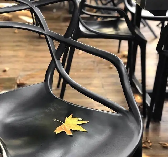 تصویری از صندلی مشکی کافه رستوران داریما با برگ پاییزی زرد، نشان‌دهنده فضای آرام و دلنشین پاییزی.