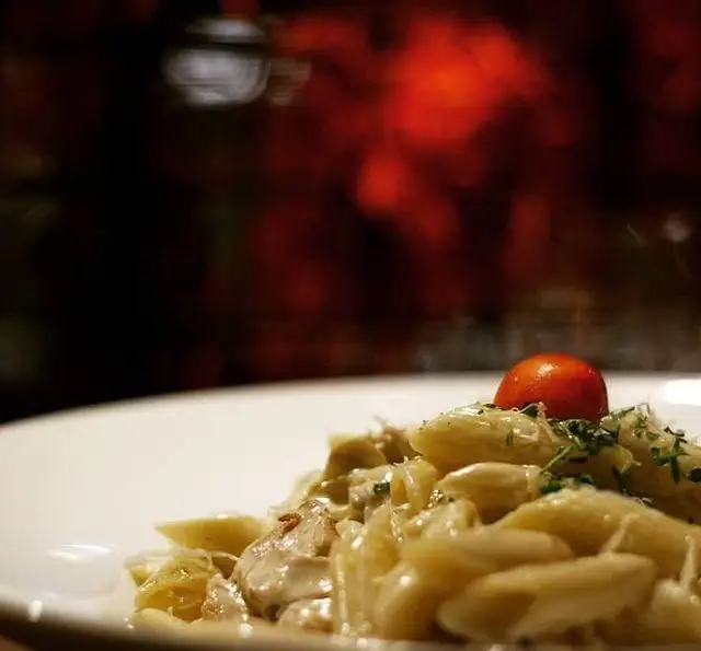پاستا پنه خامه ای با مرغ و گوجه گیلاسی، تزئین شده با جعفری تازه، آماده سرو در کافه رستوران داریما. تجربه‌ای لذت‌بخش از غذای ایتالیایی.