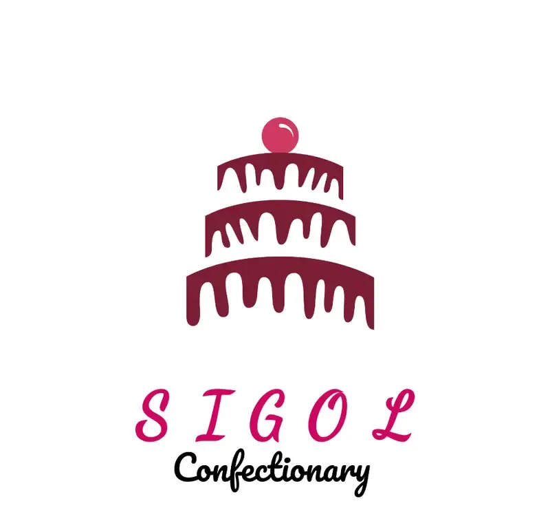 لوگوی قنادی سی گل: طرح کیک سه طبقه با روکش شرابی و گیلاس درخشان، نماد کیفیت و تازگی در صنعت شیرینی‌پزی و دسر.