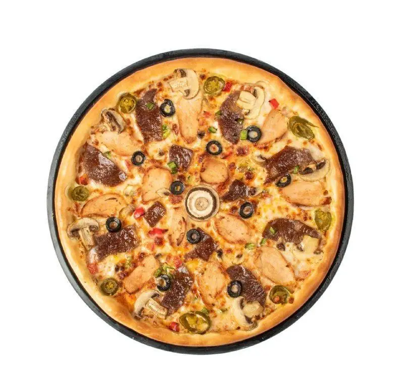 پیتزا مخصوص فست فود کامنت با ترکیبات دلپذیر گوشت، مرغ، قارچ، زیتون و فلفل. بهترین انتخاب برای وعده ای لذیذ.