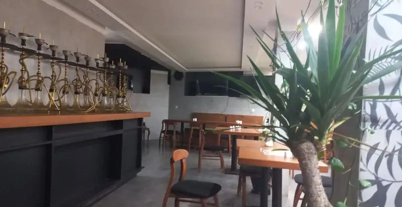 داخلی دیزی سرای آراز با چیدمان مدرن و دنج، شامل میز و صندلی، سکوی قلیان و گیاهان سبز برای محیطی آرام.