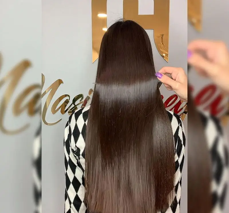 نمونه کار کراتینه و احیای موی بلند و آسیبدیده در سالن زیبایی، موهای کاملاً صاف، براق، شلاقی و ابریشمی بعد از درمان