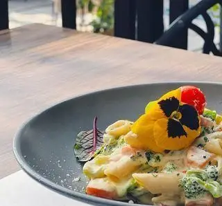 پاستا پنه خامه ای دلچسب با بروکلی تازه، تزئین شده با گل خوراکی زرد و گوجه در کافه رستوران گجا. تجربه طعمی لذیذ و دلنشین.