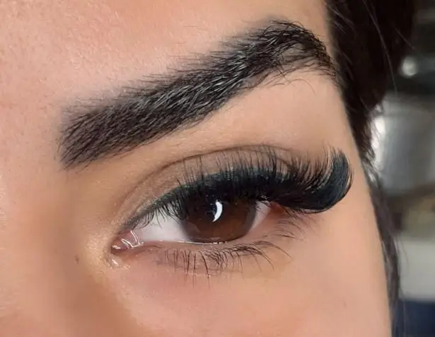 نمونه کار حرفهای اکستنشن مژه والیوم مشکی و پرپشت به همراه ابروی مرتب، مناسب برای خدمات کاشت مژه در سالن زیبایی تخصصی