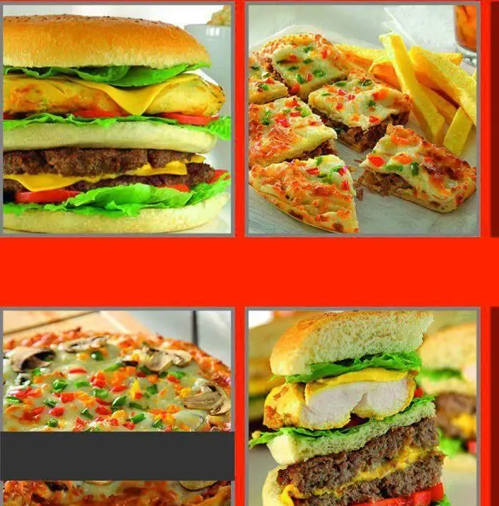 منوی متنوع و جذاب عطاویچ: شامل همبرگرهای پرملات و چندلایه، پیتزاهای قارچ و سبزیجات و تکه‌های پیتزا به همراه سیب‌زمینی سرخ‌کرده.