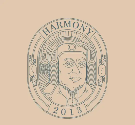لوگوی کلاسیک آشپزخانه هارمونی، نشان بیضی شکل با پرتره مردی با کلاه گیس، نوشته HARMONY و سال 2013. طراحی نوستالژیک.