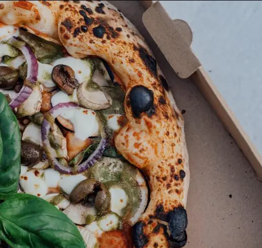 پیتزای ناپلی خوشمزه و تازه از آشپزخانه هارمونی، با کراست برشته، پیاز قرمز، موزارلا، قارچ و ریحان. غذای ایتالیایی عالی.