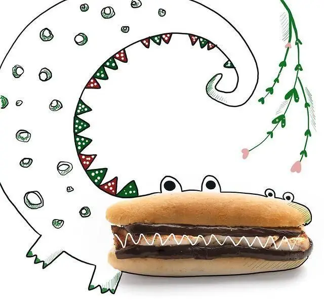 ساندویچ شیرین و شکلاتی کافه مارکت با طراحی هنری و فانتزی تمساح کارتونی، ایده‌ای خلاقانه برای معرفی محصولات جدید و منوی دسر.