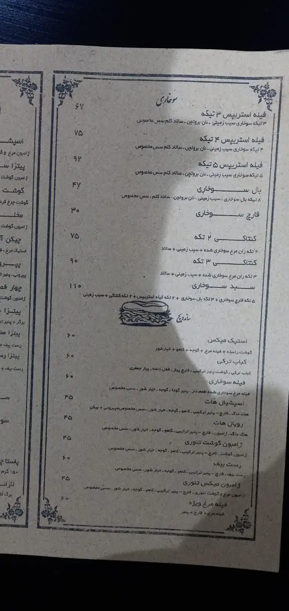 منوی کامل رستوران شب‌های تهران با قیمت و جزئیات انواع سوخاری (فیله استریپس، کنتاکی) و ساندویچ‌های لذیذ (کباب ترکی، رست بیف).